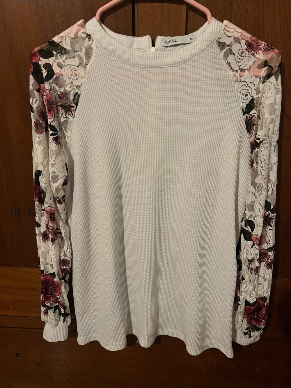 Miroll White Floral Lace-Sleeve Long Sleeve Top